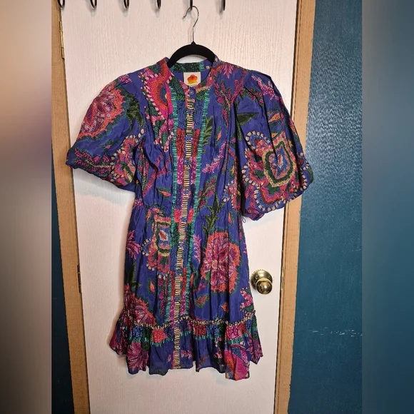 ☀️🌧FARM Rio Sunset Tapestry Belted Cotton Blend Minidress - Picture 1 of 3